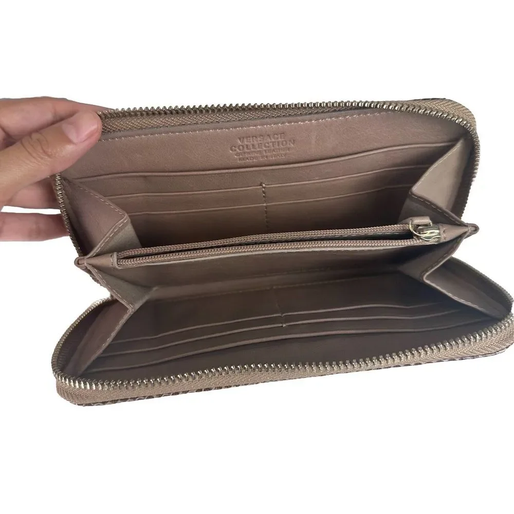 Versace Collection‎ Leather Medusa Brown Patent Zip Around Long Wallet Accordion